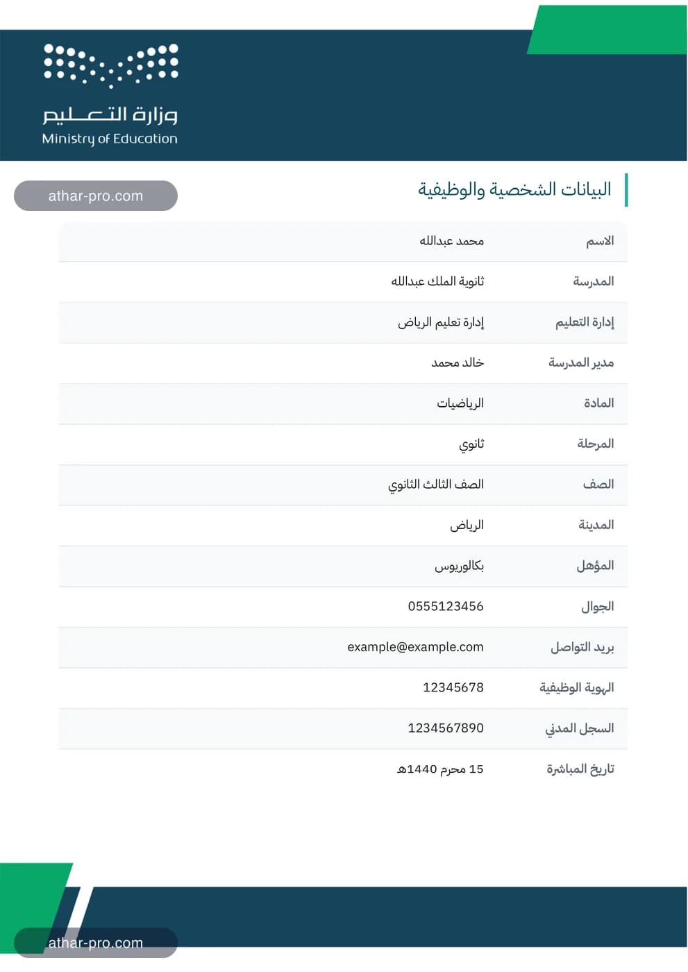 صفحة البيانات الشخصية والوظيفية من ملف الإنجاز